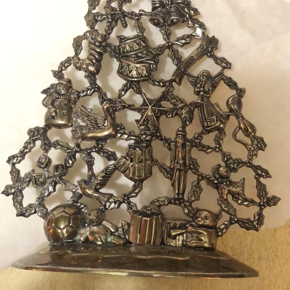 Vintage Silver Plate Christmas Tree Candle Holder Ornaments/Presents 10”x6.5”